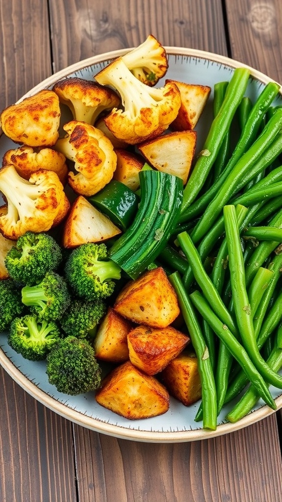 An assortment of low carb side dishes including roasted cauliflower, sautéed zucchini, steamed broccoli, and garlic green beans on a wooden table.